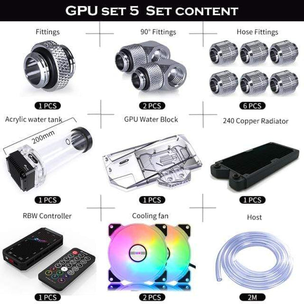 Planet Gates GPU(Silver) PC Split Water Cooling Kit Soft Tube,CPU+GPU Cooler Hose Set,Block+Pump Reservoir +Radiator+Fitting+Tube+Fans+Controller