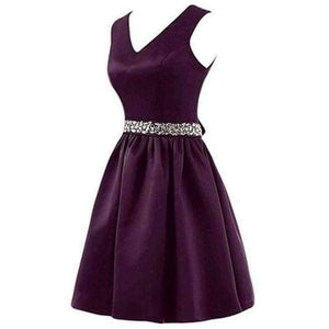 Planet Gates grape / 6 Satin Crystal beading Sashes Bridesmaid Dresses V-neck Wedding Party Dress Simple Cheap Bridesmaid Gown Knee Length