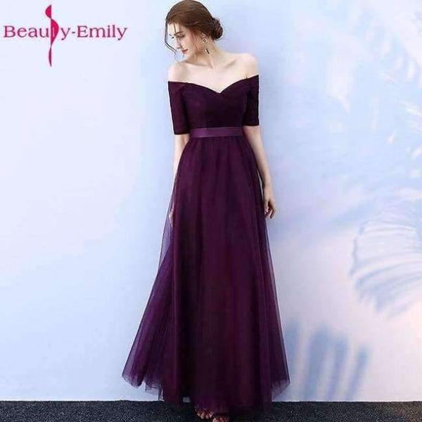 Planet Gates Grape violet / 6 -Emily Long Purple Red Gray Cheap Bridesmaid Dresses 2018 A-Line Off the Shoulder Half Sleeve Vestido da dama de honra