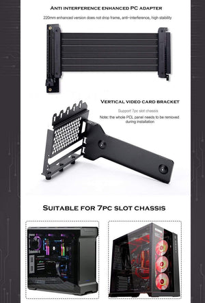 Planet Gates Graphics Card Vertical Support GPU Bracket Kit, 7 PCI Slots For 7 PCI PC Chassis Case. Holder + PCI-E 16 Extenstion Riser Cable