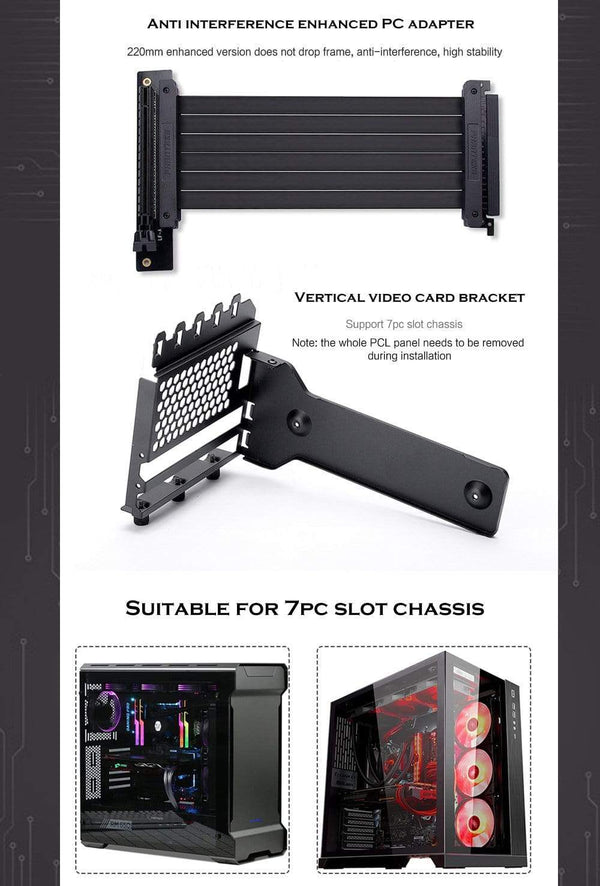 Planet Gates Graphics Card Vertical Support GPU Bracket Kit, 7 PCI Slots For 7 PCI PC Chassis Case. Holder + PCI-E 16 Extenstion Riser Cable