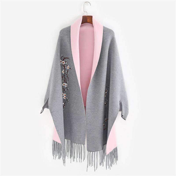 Planet Gates Gray / 190cmX65cm Design with sleeve Poncho scarf winter warm  cashmere Embroidery Cape tassel Blanket wrapped scarf shawl For Women