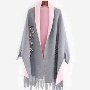 Planet Gates Gray / 190cmX65cm Design with sleeve Poncho scarf winter warm  cashmere Embroidery Cape tassel Blanket wrapped scarf shawl For Women