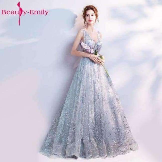 A Line Vintage Flower Evening Dresses 2018 Long Silver Sleeveless Floor  Length Party Prom Dress