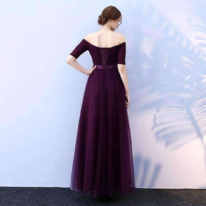 Planet Gates Gray / 2 Black Purple Red Gray Cheap Bridesmaid Dresses A-Line Off the Shoulder Half Sleeve Wedding party dress SW0035