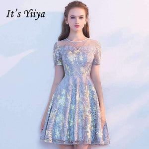 Planet Gates Gray / 2 / China Short Sleeve Fashion Designer Lace Illusion Flowers Pattern Elegant Cocktail Gowns Cocktail Dress LX340