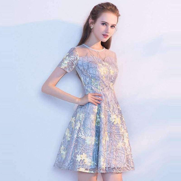 Planet Gates Gray / 2 / China Short Sleeve Fashion Designer Lace Illusion Flowers Pattern Elegant Cocktail Gowns Cocktail Dress LX340