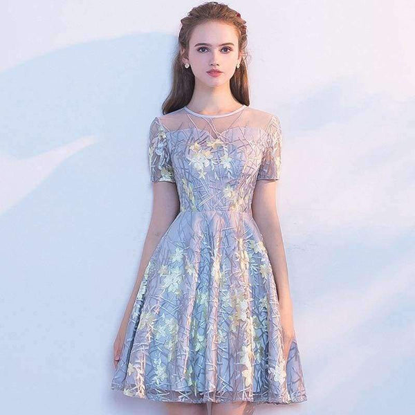Planet Gates Gray / 2 / China Short Sleeve Fashion Designer Lace Illusion Flowers Pattern Elegant Cocktail Gowns Cocktail Dress LX340