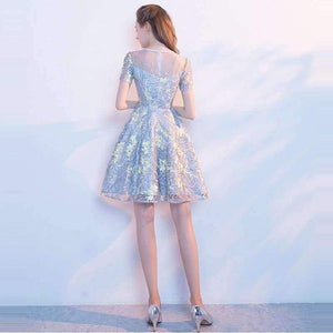 Planet Gates Gray / 2 / China Short Sleeve Fashion Designer Lace Illusion Flowers Pattern Elegant Cocktail Gowns Cocktail Dress LX340