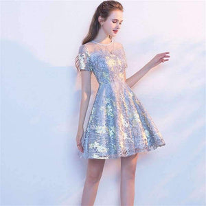 Planet Gates Gray / 2 / China Short Sleeve Fashion Designer Lace Illusion Flowers Pattern Elegant Cocktail Gowns Cocktail Dress LX340