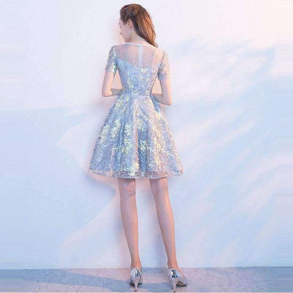 Planet Gates Gray / 2 / China Short Sleeve Fashion Designer Lace Illusion Flowers Pattern Elegant Cocktail Gowns Cocktail Dress LX340