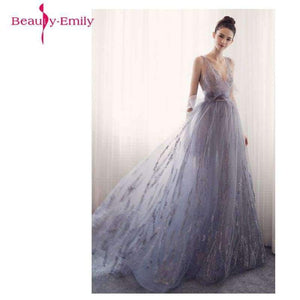 Planet Gates Gray / 2 Long Evening Dresses 2018 V-Neck A-line Sleeveless Backless Bride Dresses Formal Occasion Party Prom Dresses