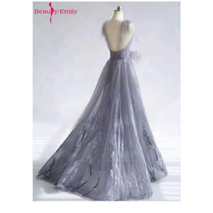 Planet Gates Gray / 2 Long Evening Dresses 2018 V-Neck A-line Sleeveless Backless Bride Dresses Formal Occasion Party Prom Dresses