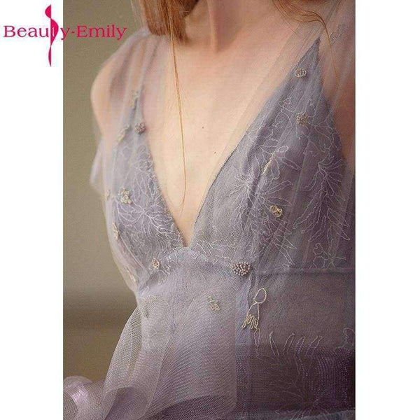 Planet Gates Gray / 2 Long Evening Dresses 2018 V-Neck A-line Sleeveless Backless Bride Dresses Formal Occasion Party Prom Dresses