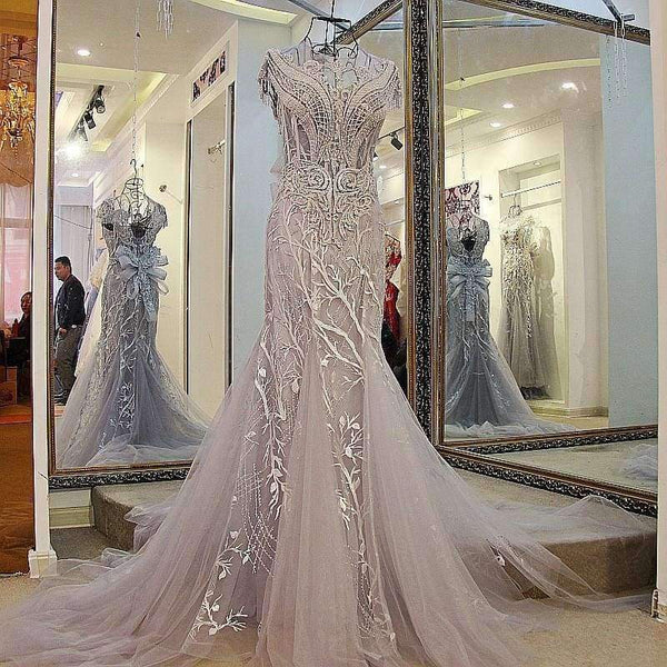 Planet Gates Gray / 2 Luxury crystals Tassels cap sleeves sexy beaded illusion neckline design mermaid evening dress xj01980