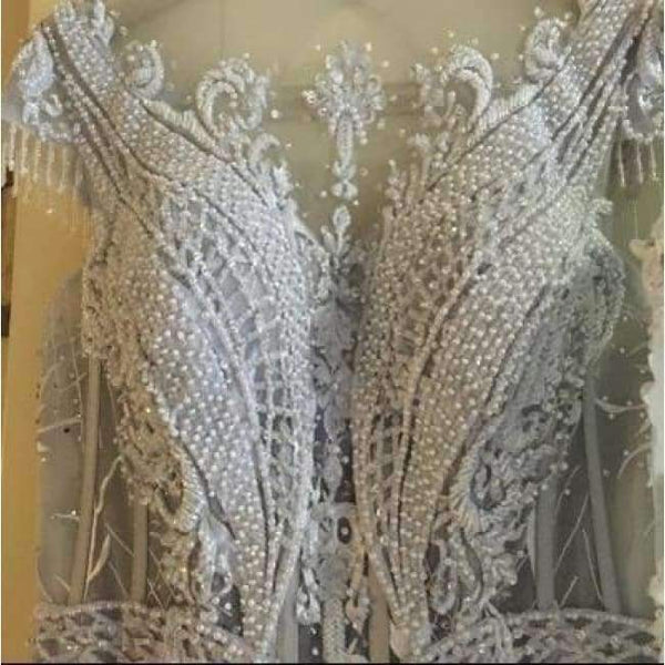 Planet Gates Gray / 2 Luxury crystals Tassels cap sleeves sexy beaded illusion neckline design mermaid evening dress xj01980