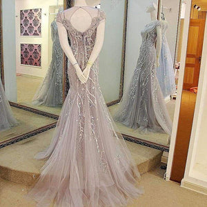 Planet Gates Gray / 2 Luxury crystals Tassels cap sleeves sexy beaded illusion neckline design mermaid evening dress xj01980