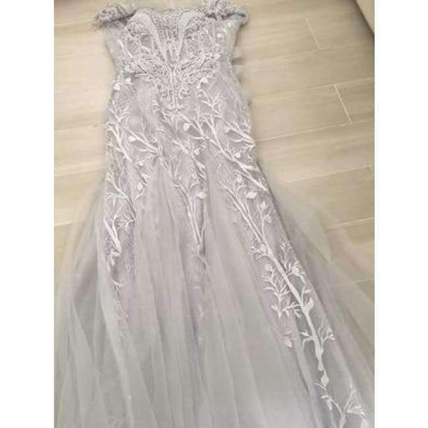 Planet Gates Gray / 2 Luxury crystals Tassels cap sleeves sexy beaded illusion neckline design mermaid evening dress xj01980