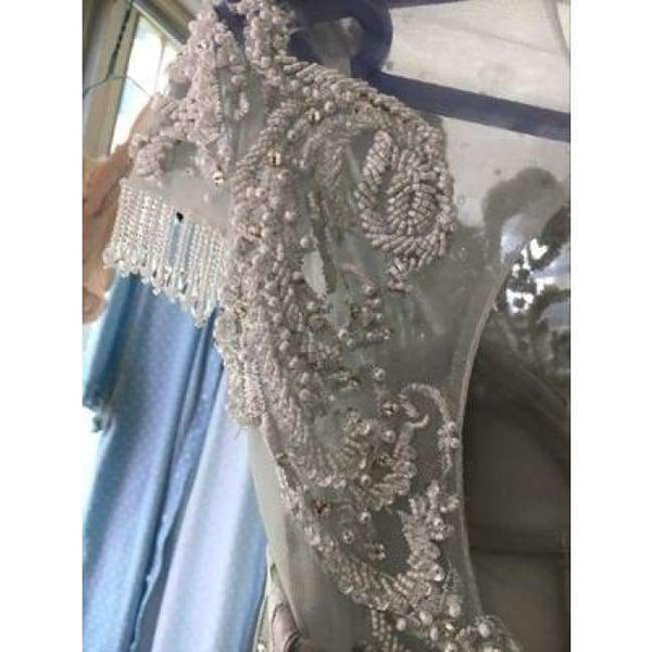 Planet Gates Gray / 2 Luxury crystals Tassels cap sleeves sexy beaded illusion neckline design mermaid evening dress xj01980