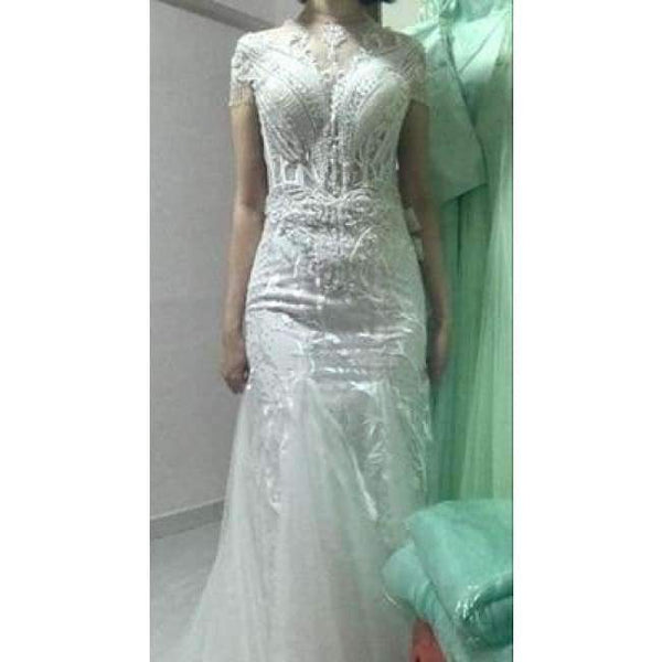 Planet Gates Gray / 2 Luxury crystals Tassels cap sleeves sexy beaded illusion neckline design mermaid evening dress xj01980