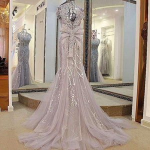 Luxury crystals Tassels cap sleeves sexy beaded illusion neckline design mermaid evening dress xj01980