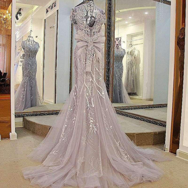 Luxury crystals Tassels cap sleeves sexy beaded illusion neckline design mermaid evening dress xj01980