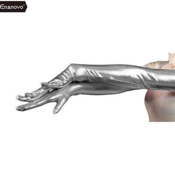 Planet Gates gray / 22inch Ensnovo Women Spandex Polyester Black Shiny Metallic 22" Long Sleeve Cosplay Costumes Wet Look Opera Length Evening Gloves