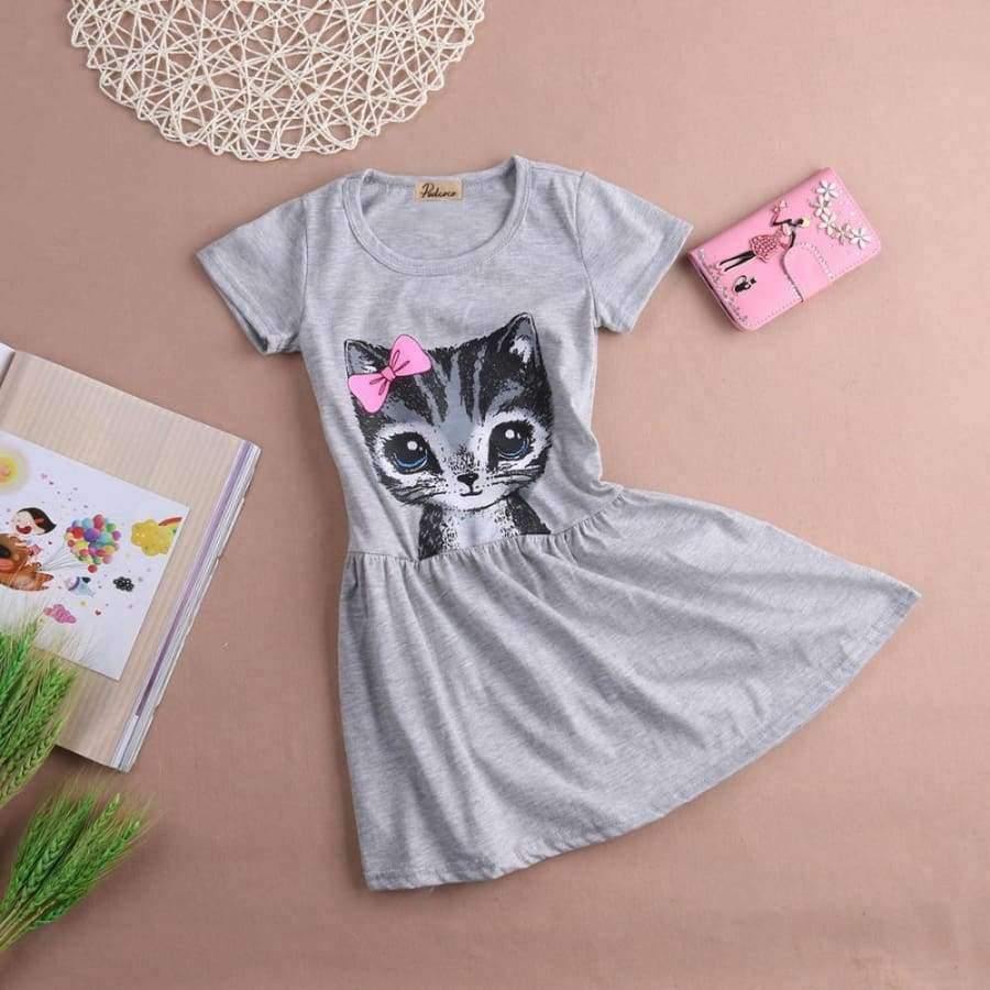 Planet Gates Gray / 2T Summer girl dress cat print grey baby girl dress children clothing children dress 0-8years kids dresses