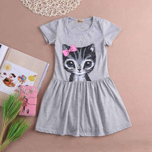 Planet Gates Gray / 2T Summer girl dress cat print grey baby girl dress children clothing children dress 0-8years kids dresses