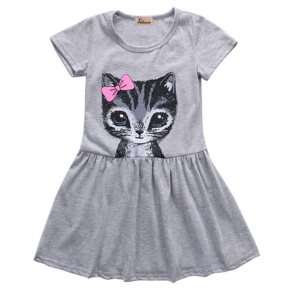 Planet Gates Gray / 2T Summer girl dress cat print grey baby girl dress children clothing children dress 0-8years kids dresses