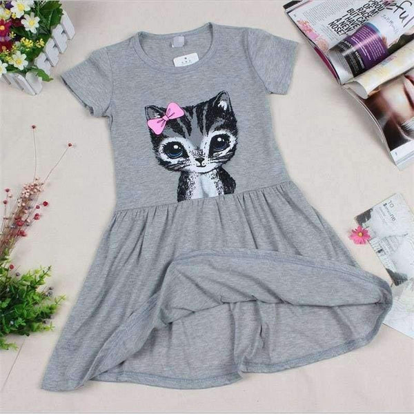Planet Gates Gray / 2T Summer girl dress cat print grey baby girl dress children clothing children dress 0-8years kids dresses