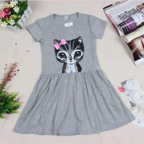 Planet Gates Gray / 2T Summer girl dress cat print grey baby girl dress children clothing children dress 0-8years kids dresses