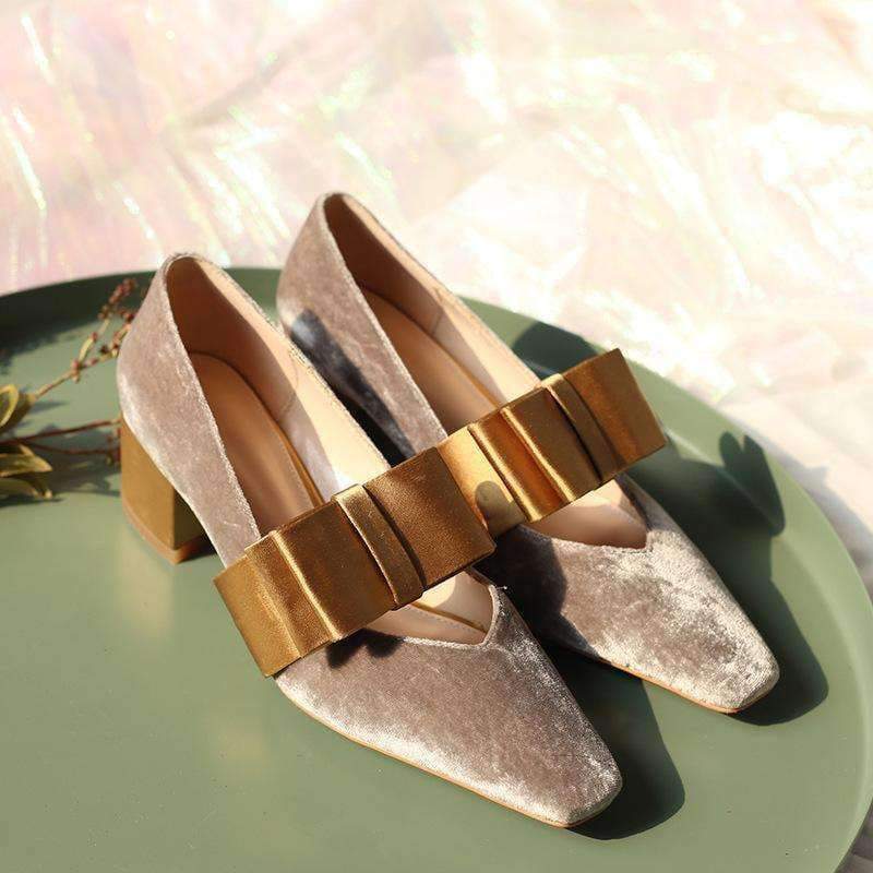 Planet Gates gray / 3.5 Boussac Vintage Velvet Women Pumps High Heels Square Toe Bowtie Women Heels Chic Party Shoes Women SWC0109