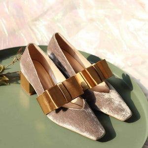 Planet Gates gray / 3.5 Boussac Vintage Velvet Women Pumps High Heels Square Toe Bowtie Women Heels Chic Party Shoes Women SWC0109