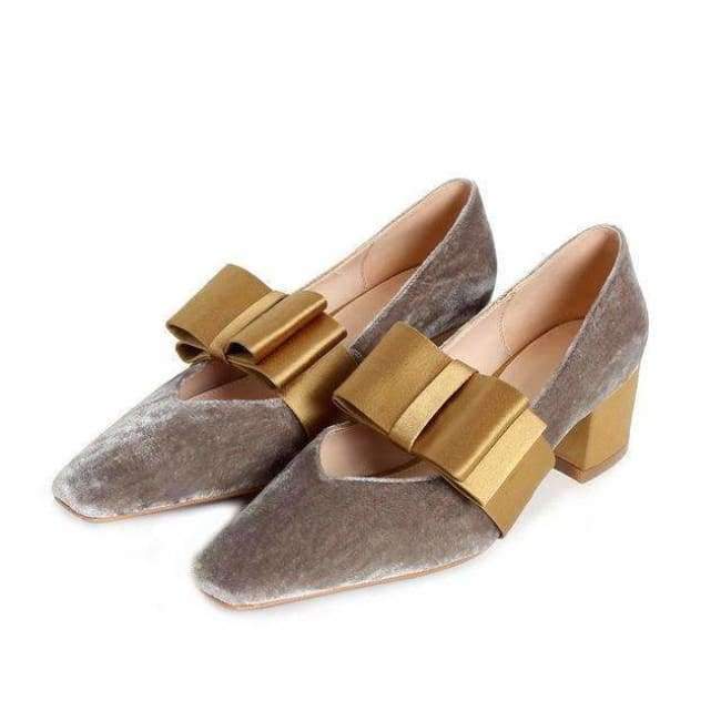 Planet Gates gray / 3.5 Boussac Vintage Velvet Women Pumps High Heels Square Toe Bowtie Women Heels Chic Party Shoes Women SWC0109
