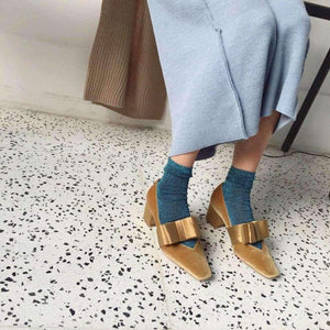 Planet Gates gray / 3.5 Boussac Vintage Velvet Women Pumps High Heels Square Toe Bowtie Women Heels Chic Party Shoes Women SWC0109