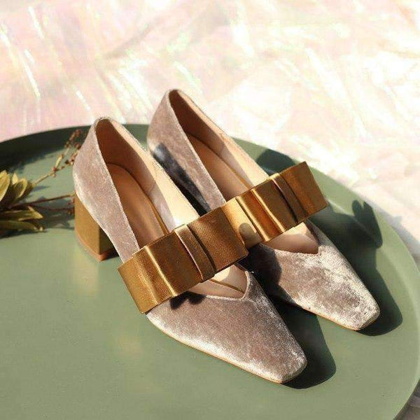 Planet Gates gray / 3.5 Boussac Vintage Velvet Women Pumps High Heels Square Toe Bowtie Women Heels Chic Party Shoes Women SWC0109