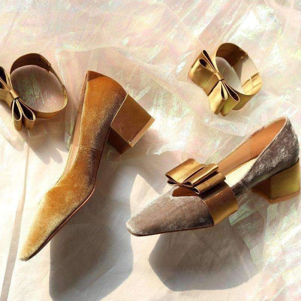 Planet Gates gray / 3.5 Boussac Vintage Velvet Women Pumps High Heels Square Toe Bowtie Women Heels Chic Party Shoes Women SWC0109