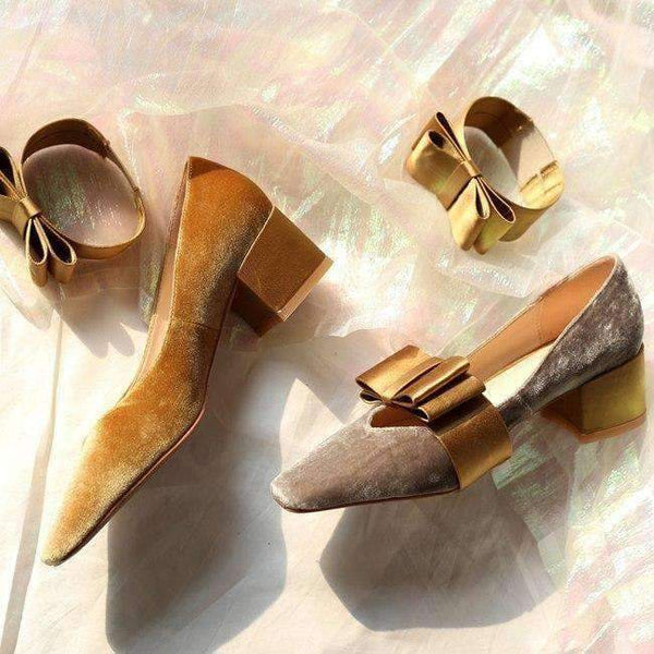 Planet Gates gray / 3.5 Boussac Vintage Velvet Women Pumps High Heels Square Toe Bowtie Women Heels Chic Party Shoes Women SWC0109
