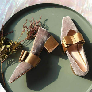 Planet Gates gray / 3.5 Boussac Vintage Velvet Women Pumps High Heels Square Toe Bowtie Women Heels Chic Party Shoes Women SWC0109