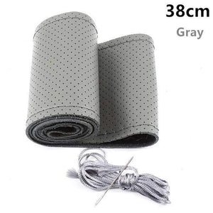 Planet Gates gray 38 Genuine Leather Car Steering Wheel Cover Soft Anti slip 100% Cowhide Braid With Needles Thread 36 38 40 cm Size