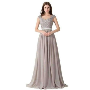 Planet Gates gray / 4 New Long Evening Dresses Gray Chiffon A Line Beaded Lace Bodice Elegant See Through Back Vestido De Fiesta