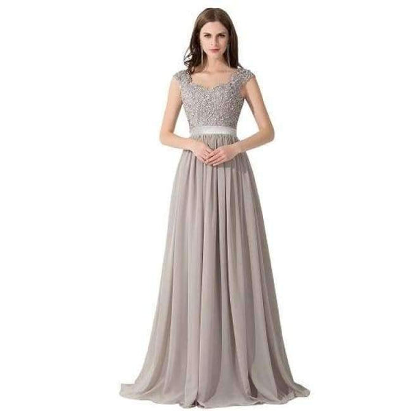 Planet Gates gray / 4 New Long Evening Dresses Gray Chiffon A Line Beaded Lace Bodice Elegant See Through Back Vestido De Fiesta