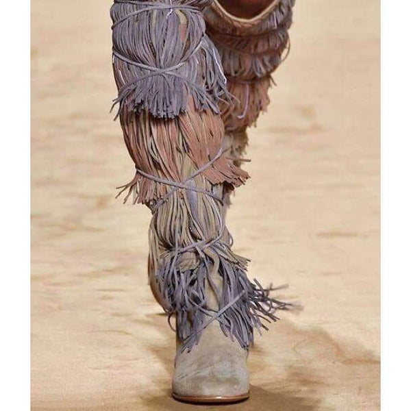 Planet Gates Gray / 5 2018 Bohemia Style Women Knee High Wedge Boots Height Increasing Fringe Tassel Boots  Lace-up Fashion Women Shoes