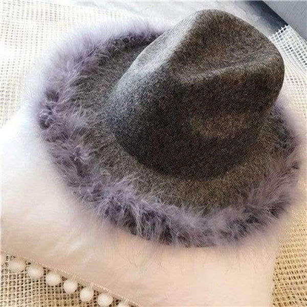Planet Gates gray / 56to58cm Spring Winter Ladies Wool Feodra Hat Womens Ostrich Hair Edge Jazz Fedoras Hat For Women Large Brim Cowboy Panama Fedoras