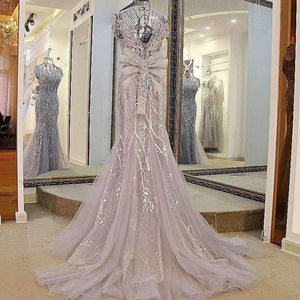 Planet Gates Gray / 6 / 100cm Custom Made Sleeveless O-Neck Embroidery Crystal Mermaid Wedding Dress 2018 Wedding Dresses Trumpet Court Train