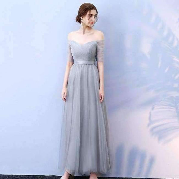 Planet Gates Gray / 6 -Emily Long Purple Red Gray Cheap Bridesmaid Dresses 2018 A-Line Off the Shoulder Half Sleeve Vestido da dama de honra