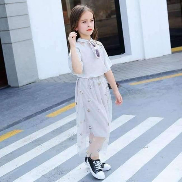 Planet Gates Gray / 6T Girls Clothing Sets Teenage Summer Fashion costume for Big girl outfits 2pcs T shirt + Sequins Mesh Skirts 6 8 10 12 14 16 Years