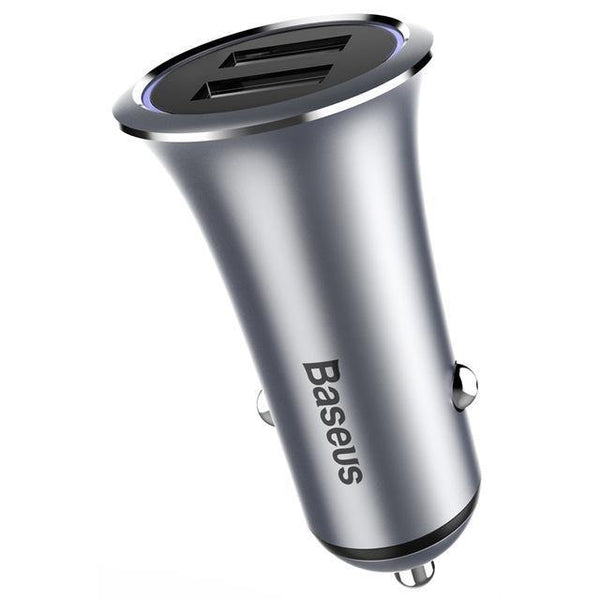 Planet Gates Gray Baseus Metal Dual USB Car Charger For iPhone Samsung Xiaomi mi Huawei LED Light Car Charging Mobile Phone Charger Car Adapter