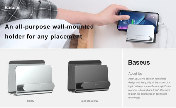 Planet Gates Gray Baseus Metal Wall Mount Holder for iPhone Power bank Strong Adhesive Mobile Phone Holder Stand for Samsung Huawei Charger Socket